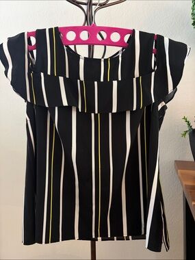 Peter Nygard Black Blouse with White and Yellow Vertical Stripes